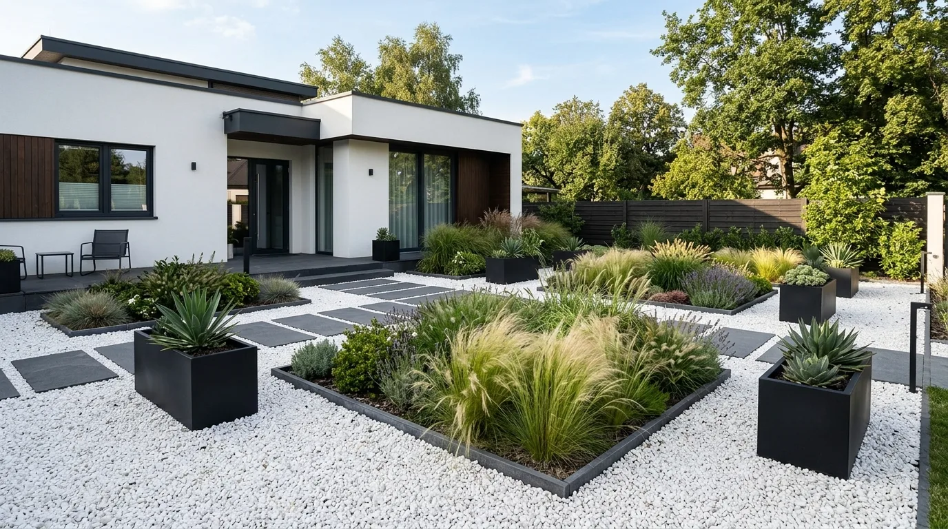 A modern planter bed with white pebbles and sculptural grasses, no people