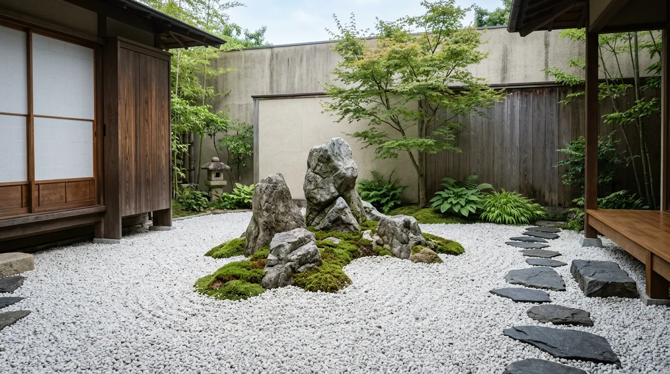 A desert style white pebble garden strip with cacti and timber accents, no people