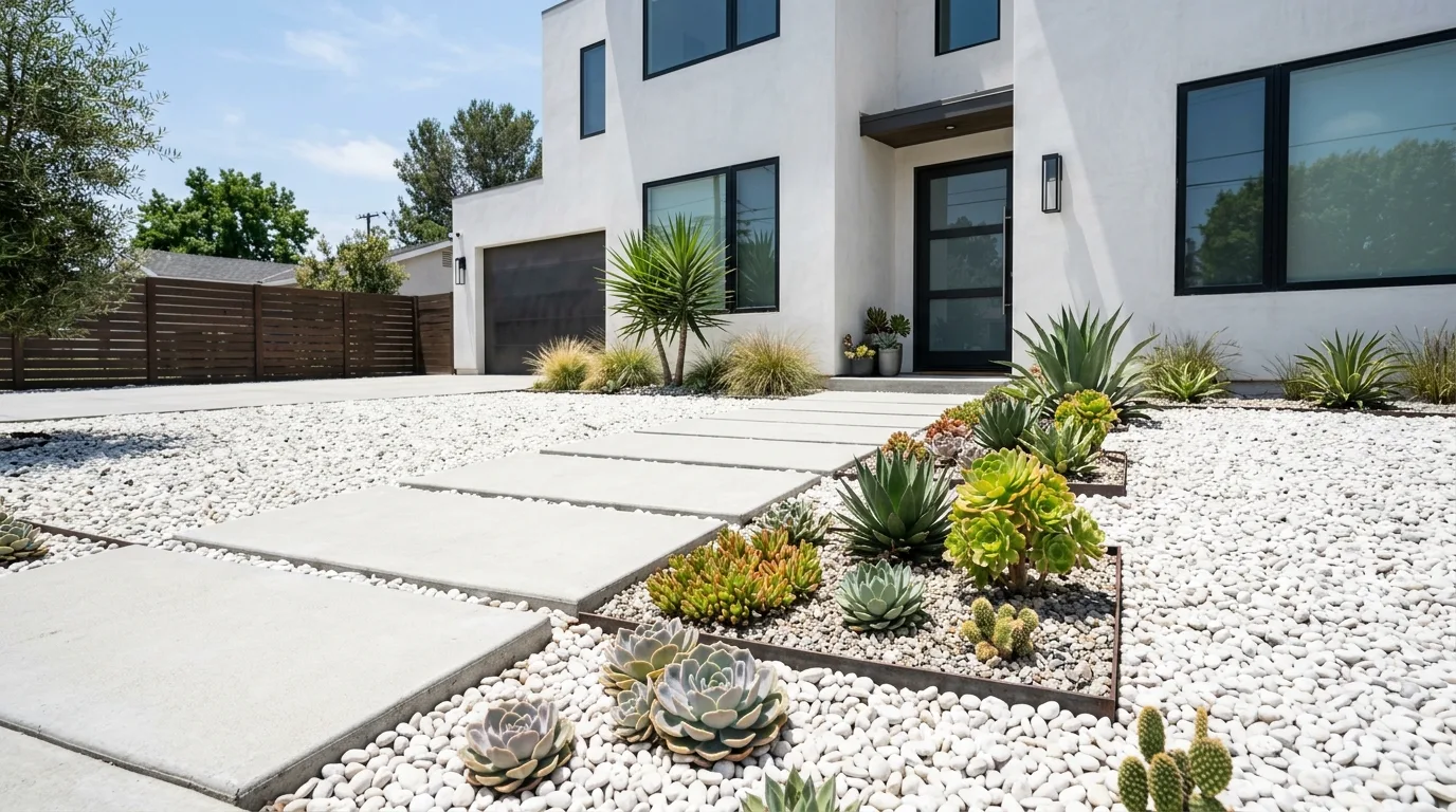 An entry walkway softened by white pebble beds and low olive trees, no people