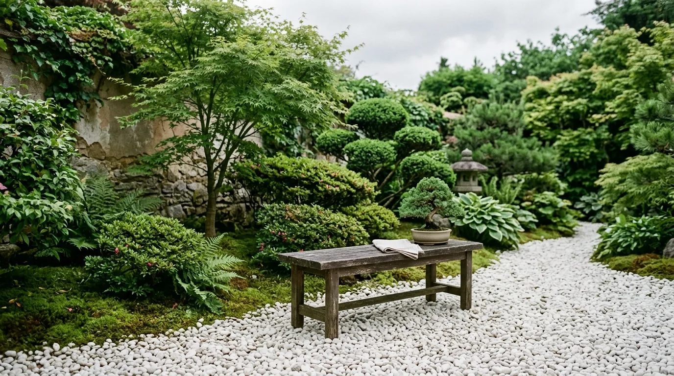 A small backyard corner with white pebbles and a floating bench, no people