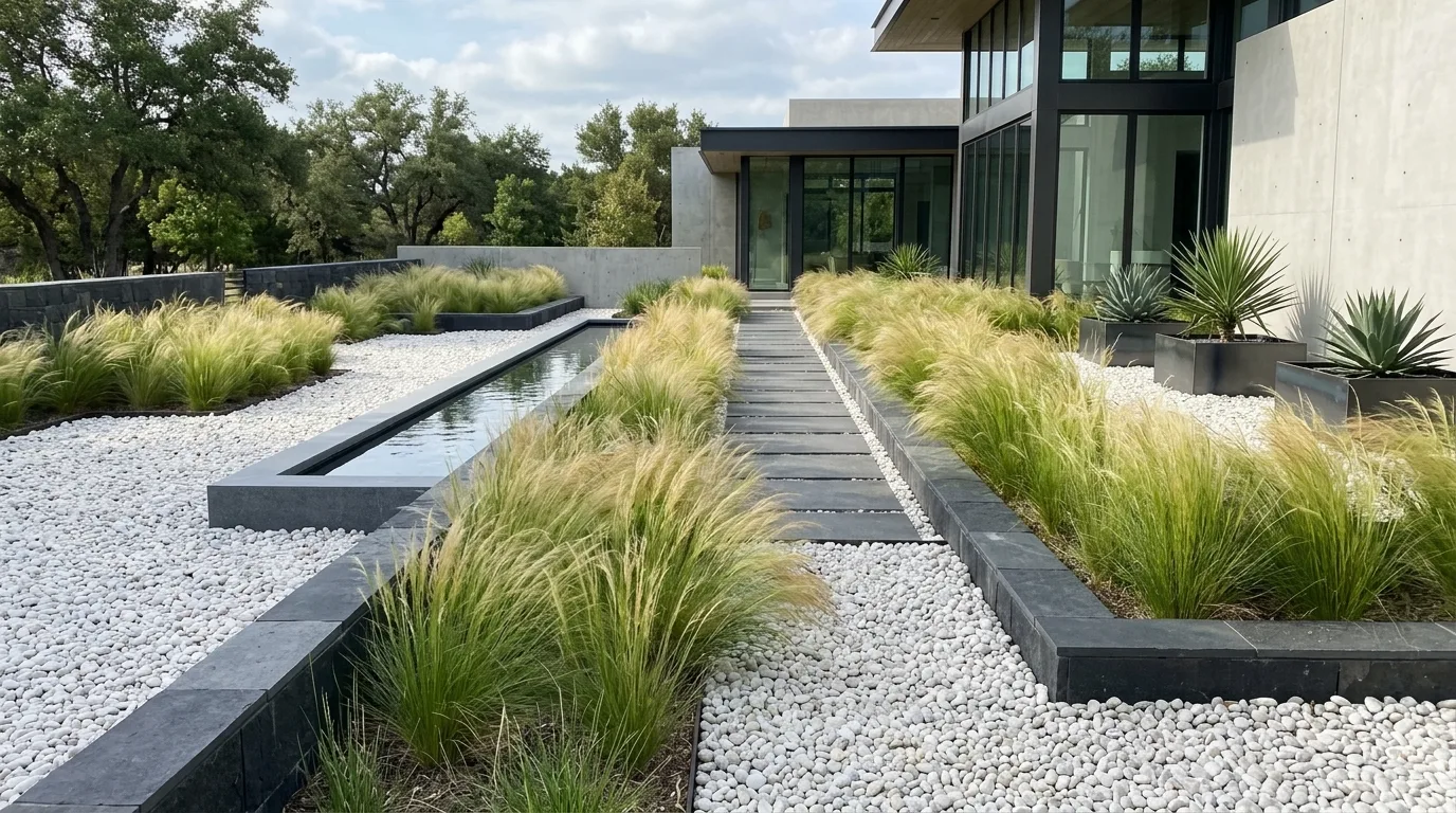 A poolside white pebble garden strip with sparse repeated planting, no people