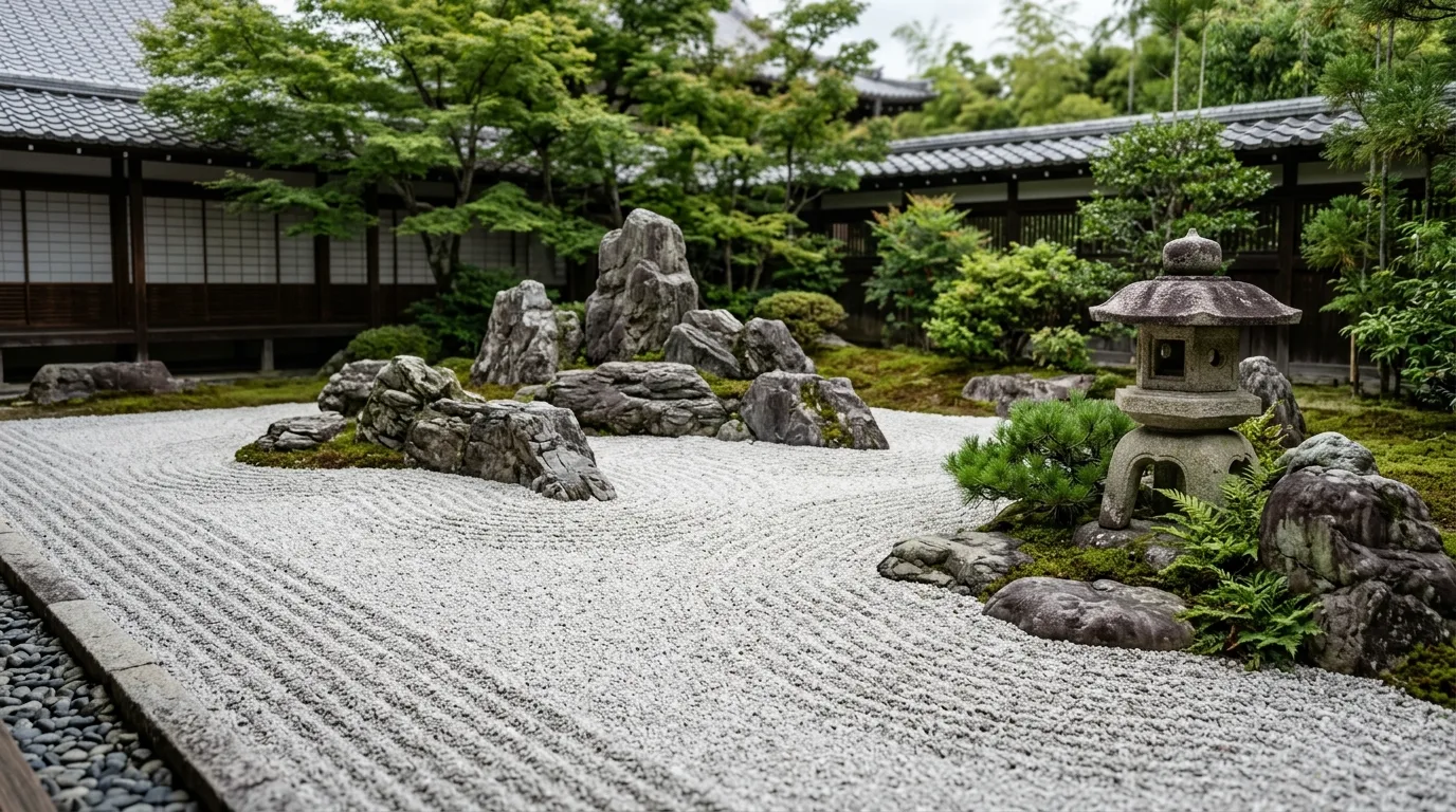 A black and white contrast garden with white pebbles and bold boulders, no people