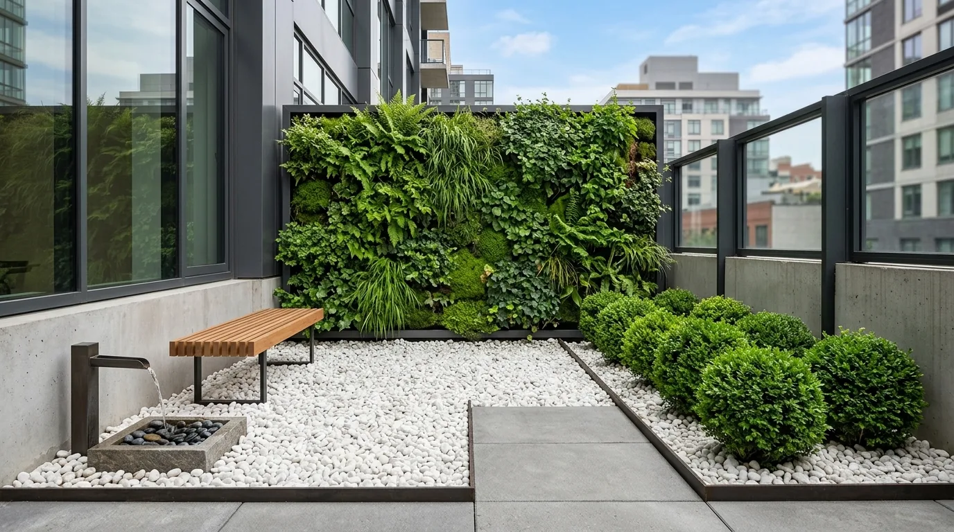 A balcony white pebble garden with pots and a minimal chair, no people