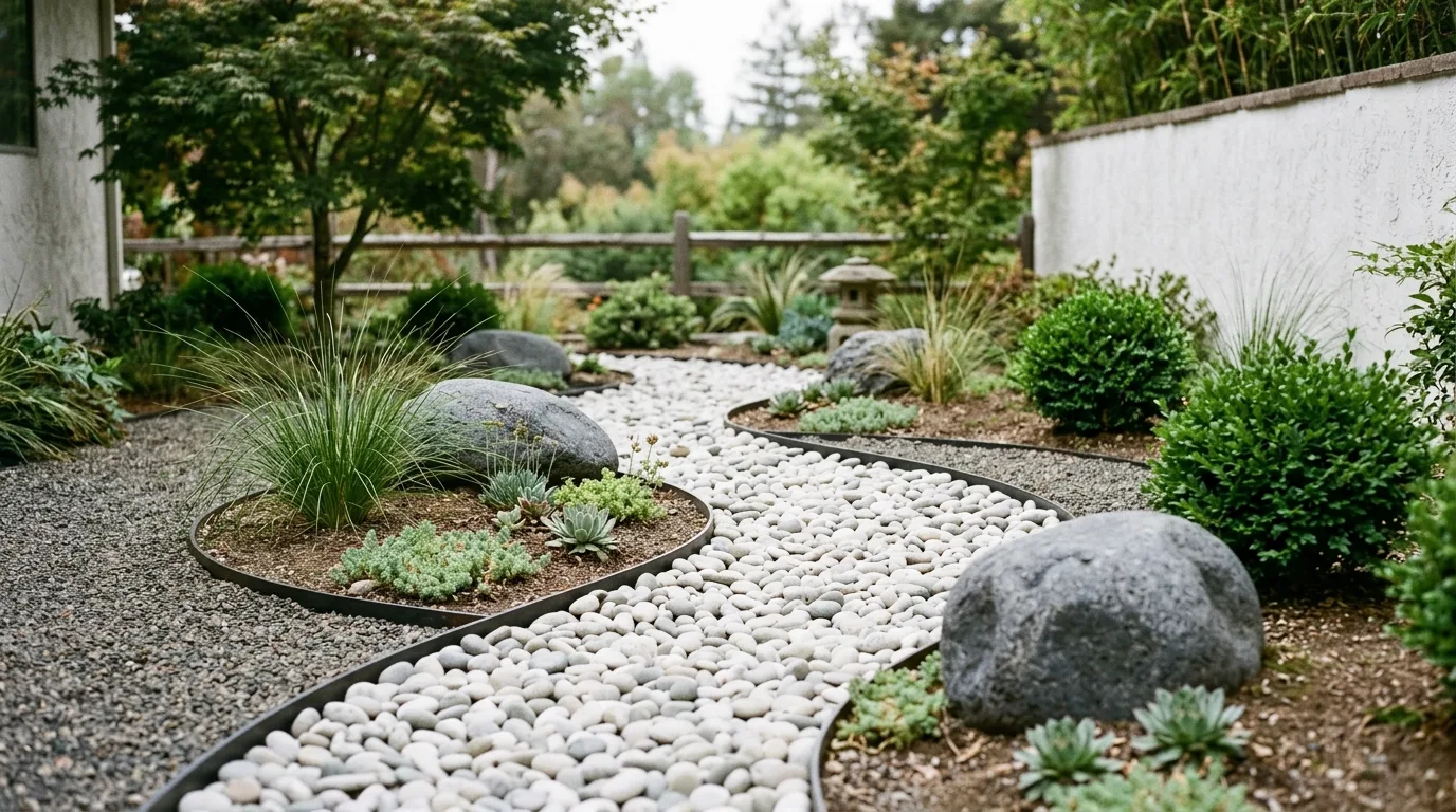 A white pebble border beneath windows with clipped lavender mounds, no people