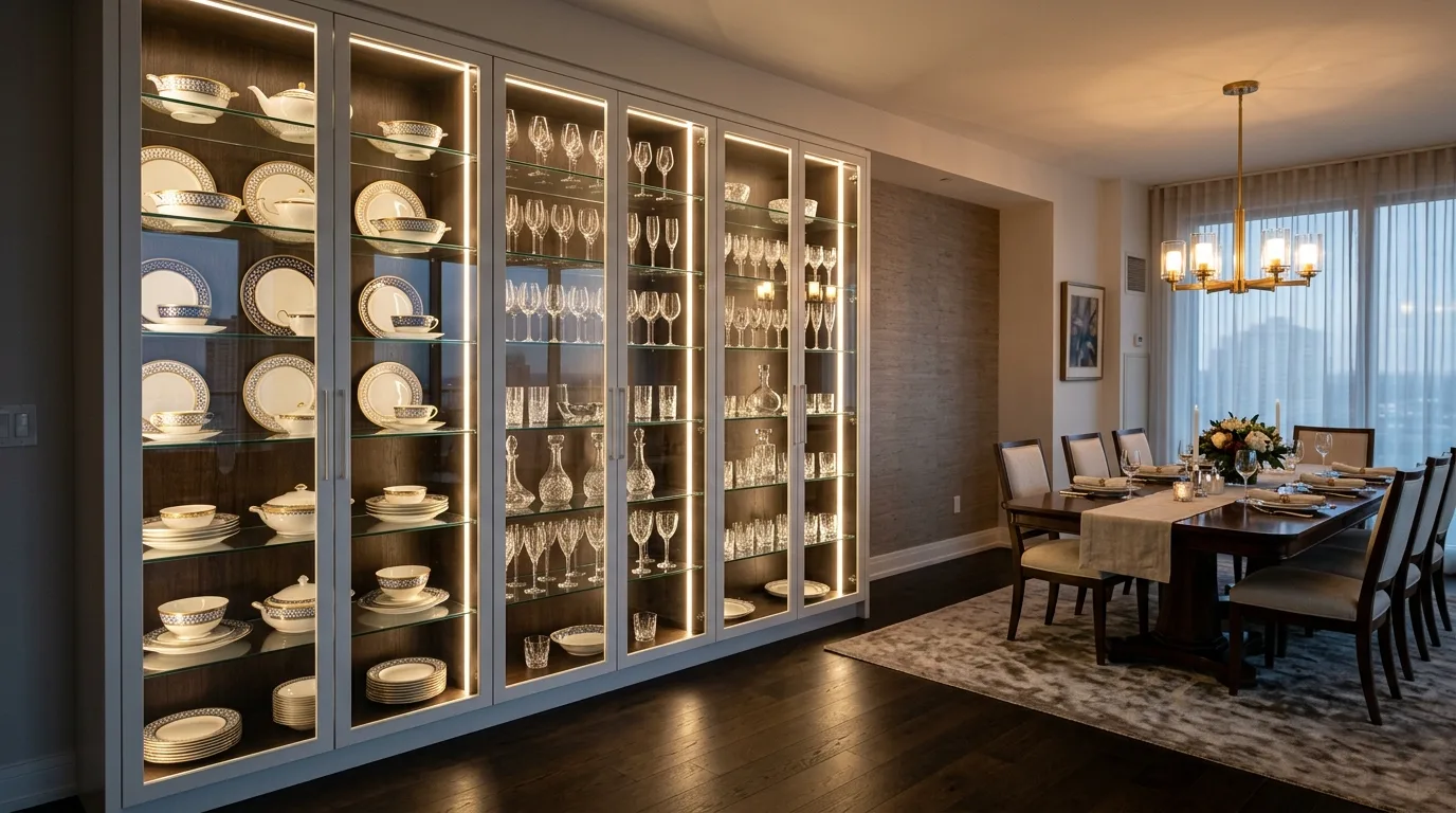 An elegant modern china cabinet with dark finish interior lighting and glass shelves, no people