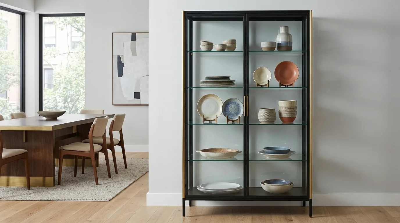A light oak modern china cabinet with fluted glass displaying pottery, no people