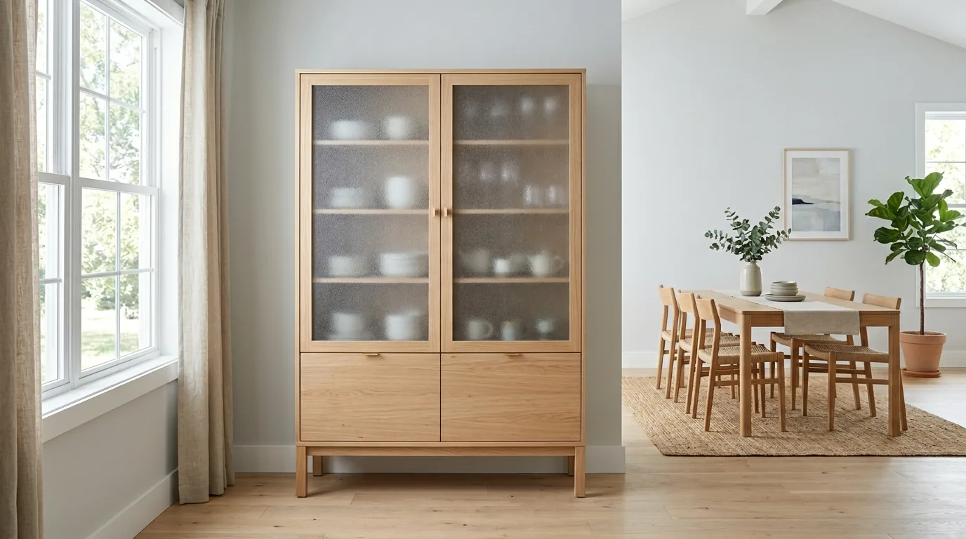 A built in modern china cabinet with lower storage and lit upper display, no people