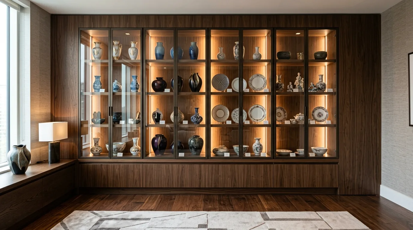 A black framed modern china cabinet displaying white ceramics, no people