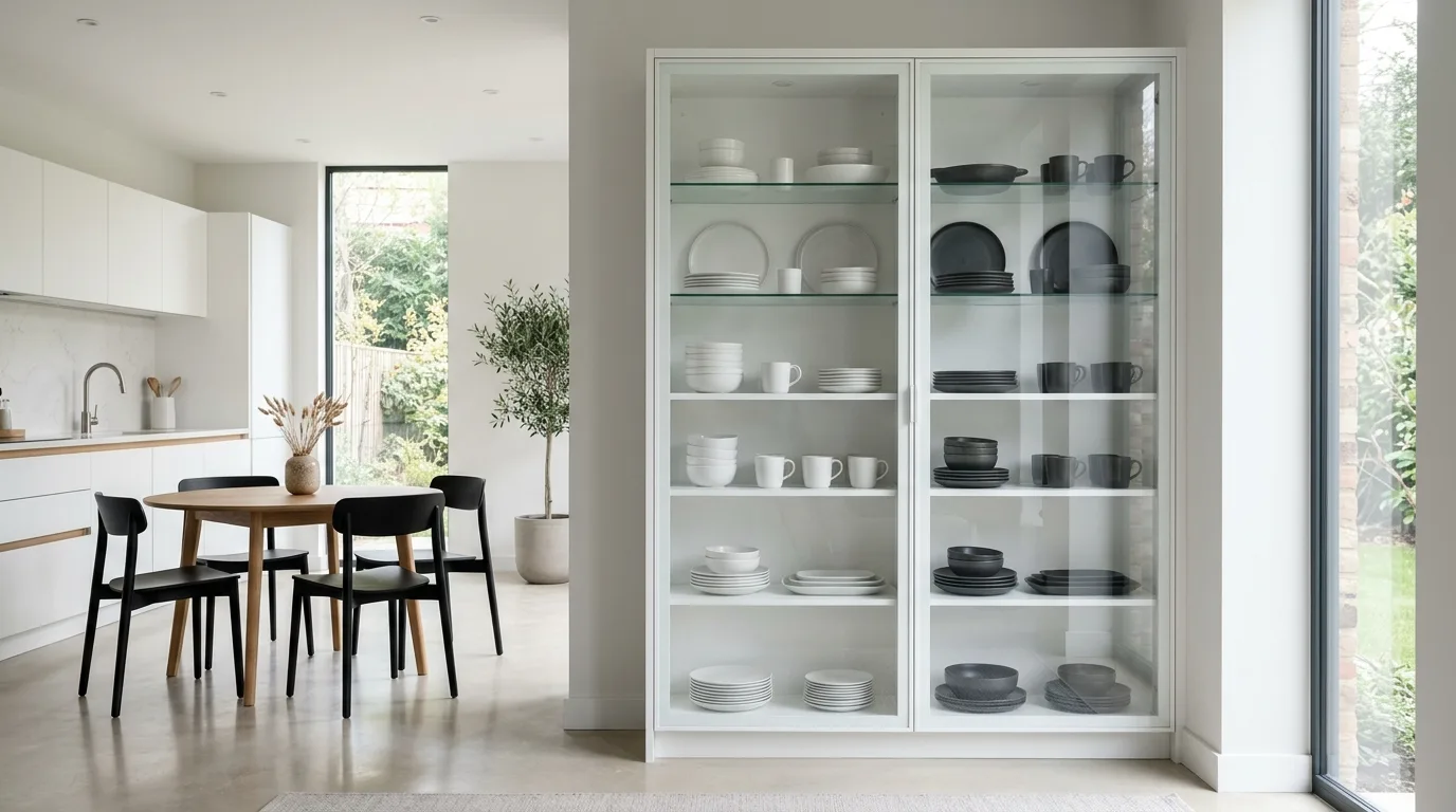 A wall to wall modern china cabinet display with symmetrical glass sections, no people