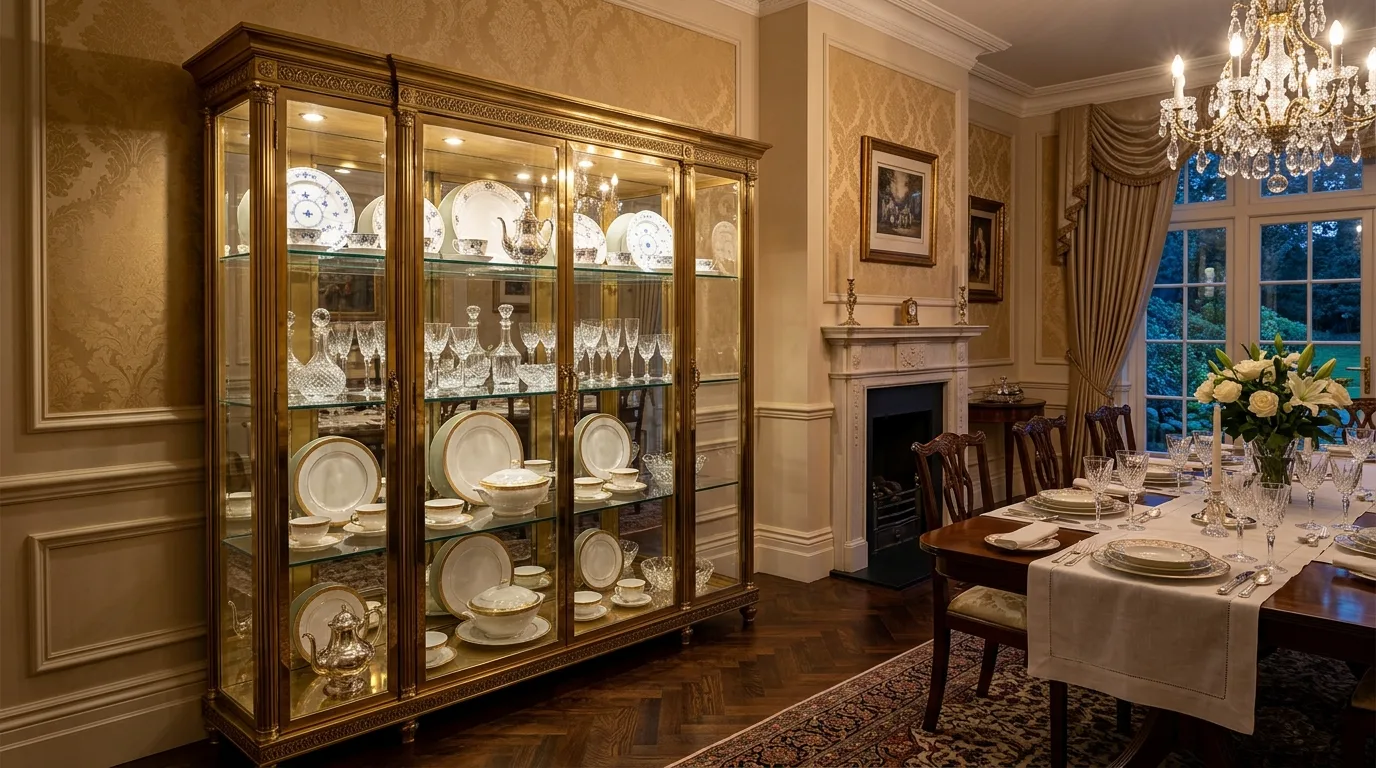 A curved edge modern china cabinet with warm wood tones and brass details, no people