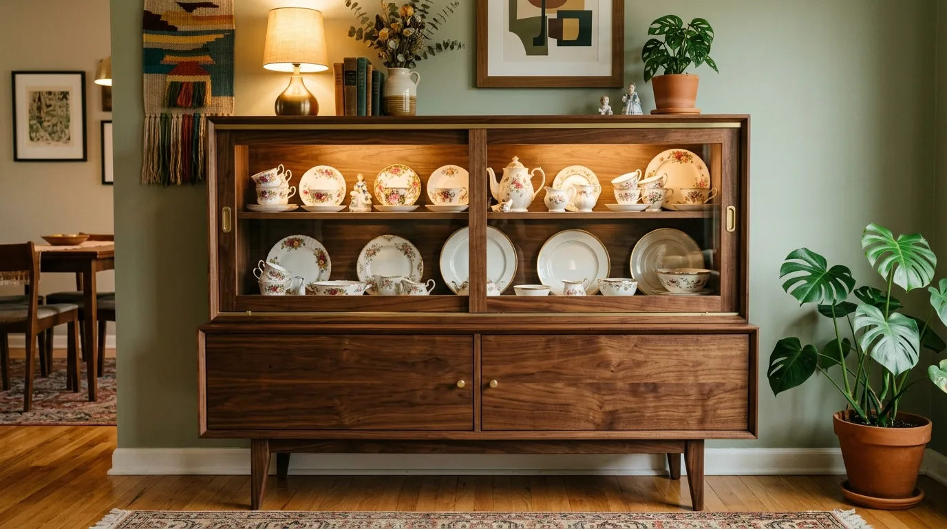 A modern china cabinet with arched doors displaying collected glassware, no people