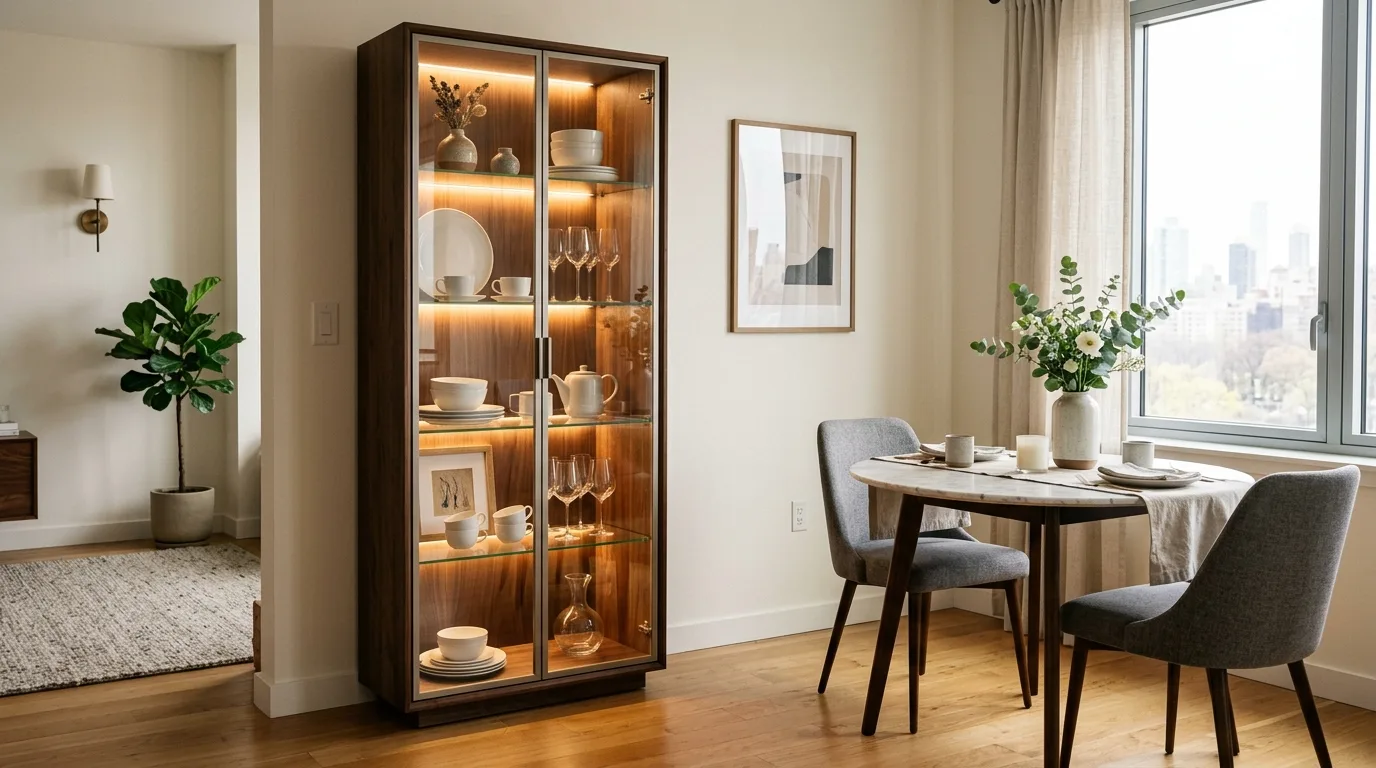 A minimal white china cabinet with ribbed glass and hidden base drawers, no people