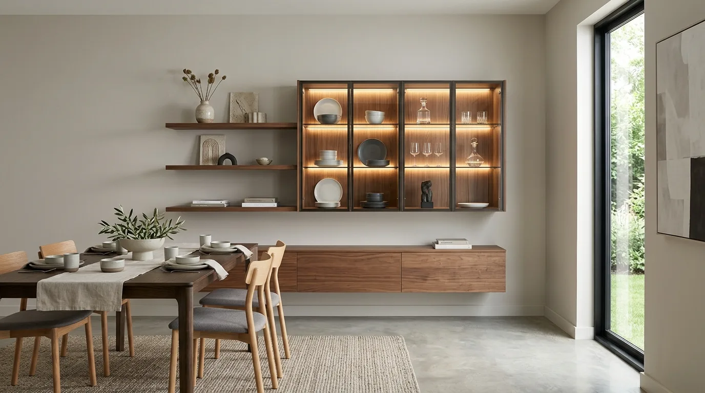 A modern china cabinet combining open display and closed storage, no people