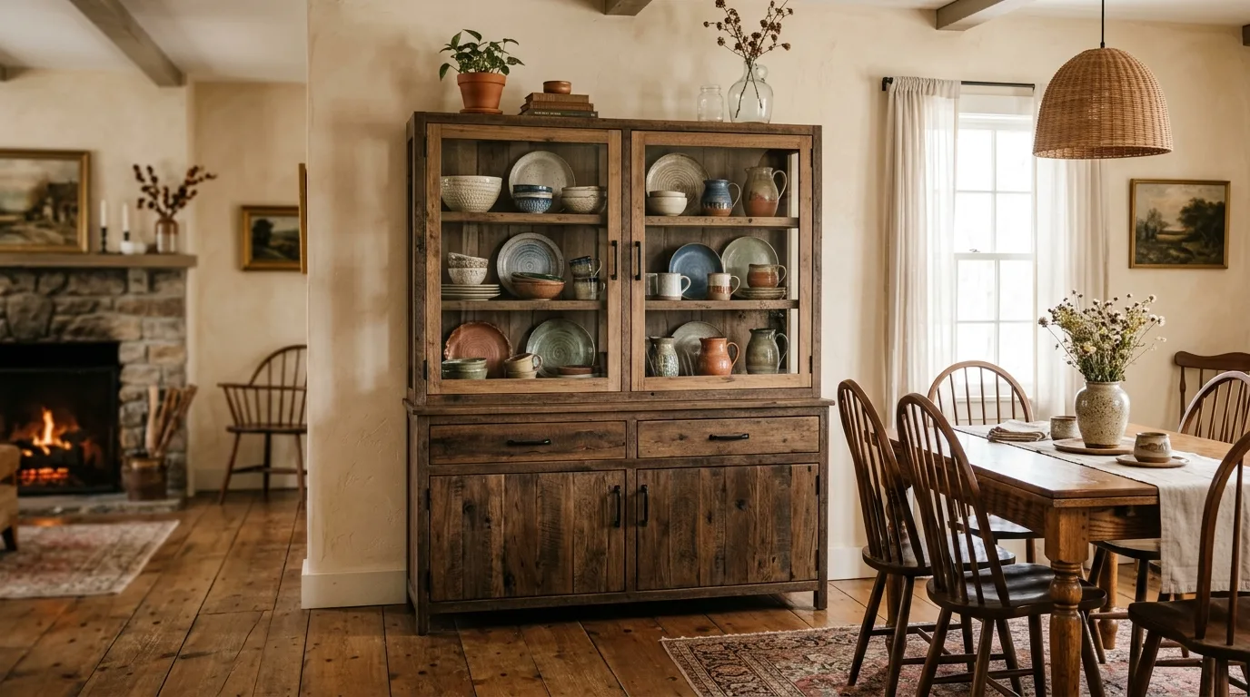A slim modern china cabinet with a mirrored back and warm lighting, no people