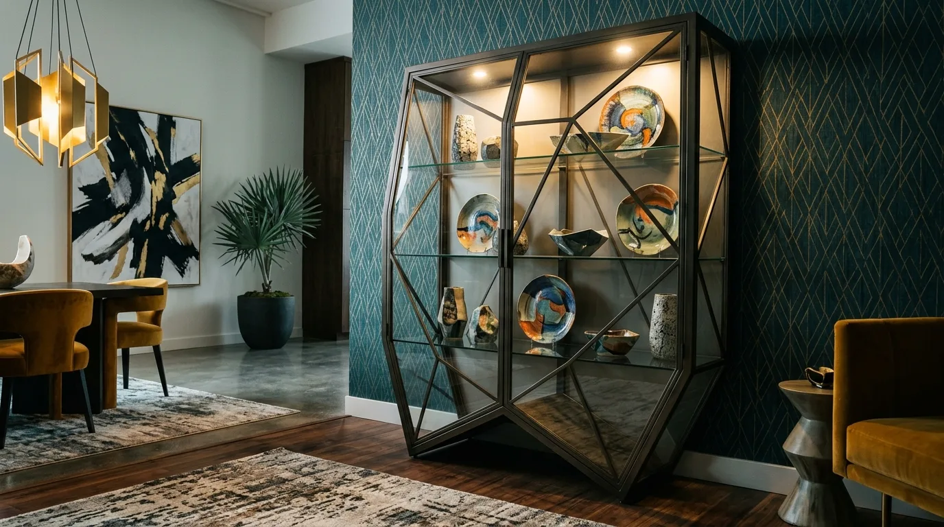 A walnut modern china cabinet styled with books ceramics and framed art, no people