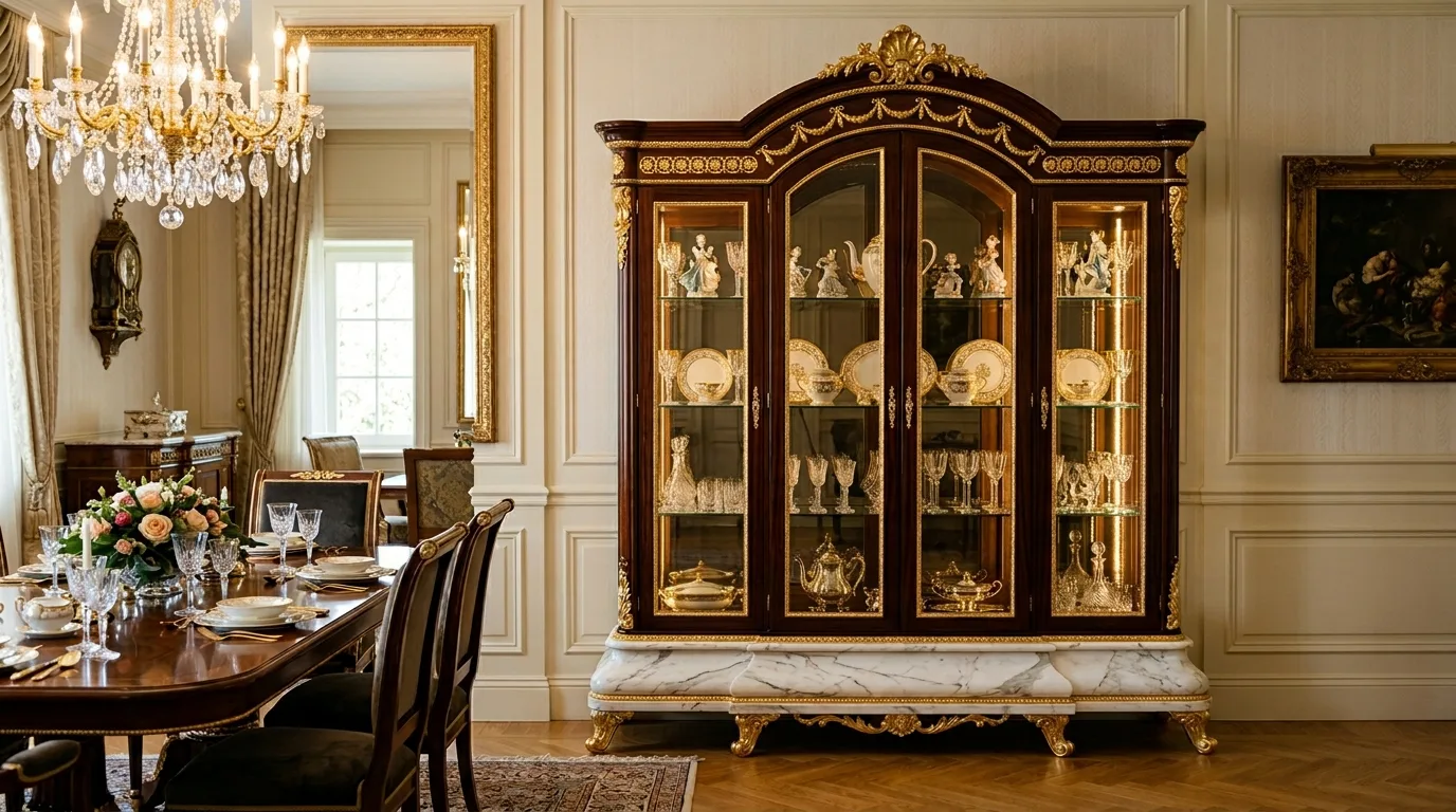 A tall elegant modern china cabinet with paneled base and illuminated arches, no people