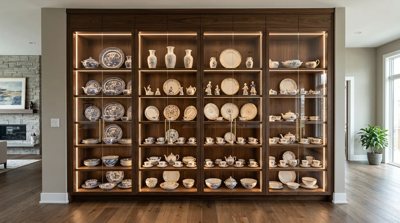 A muted greige modern china cabinet displaying a calm tonal collection, no people