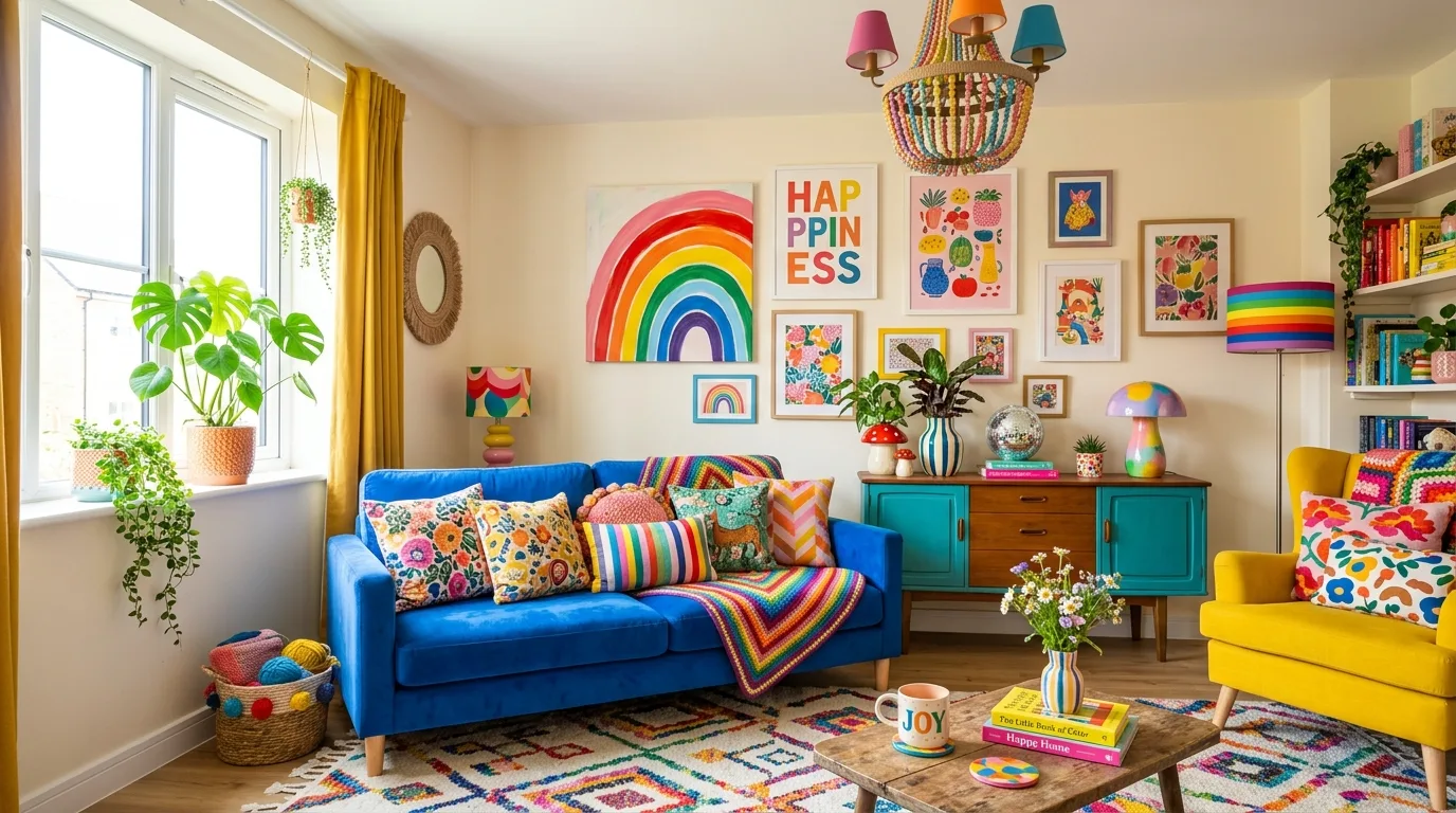 A joyful dopamine decor living room with coral blue and yellow accents, no people