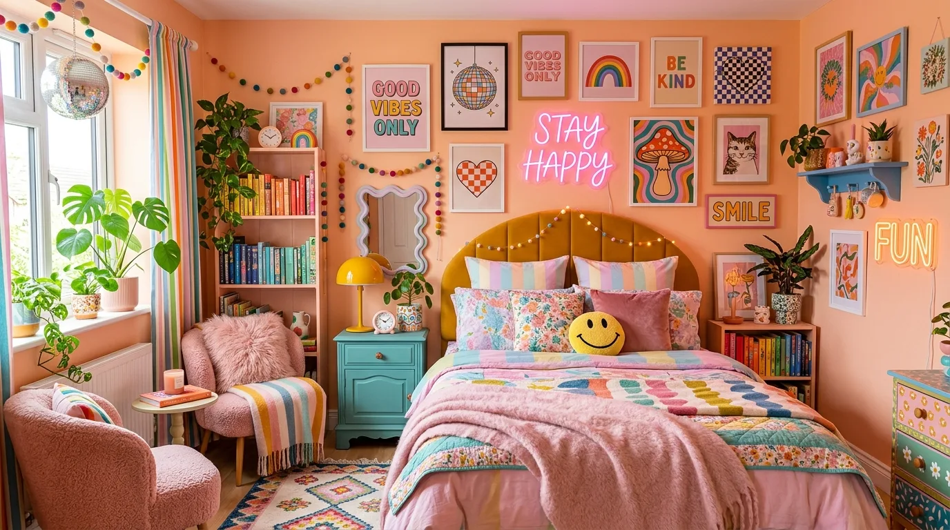 A dopamine decor gallery wall with playful art and mixed frame colors, no people