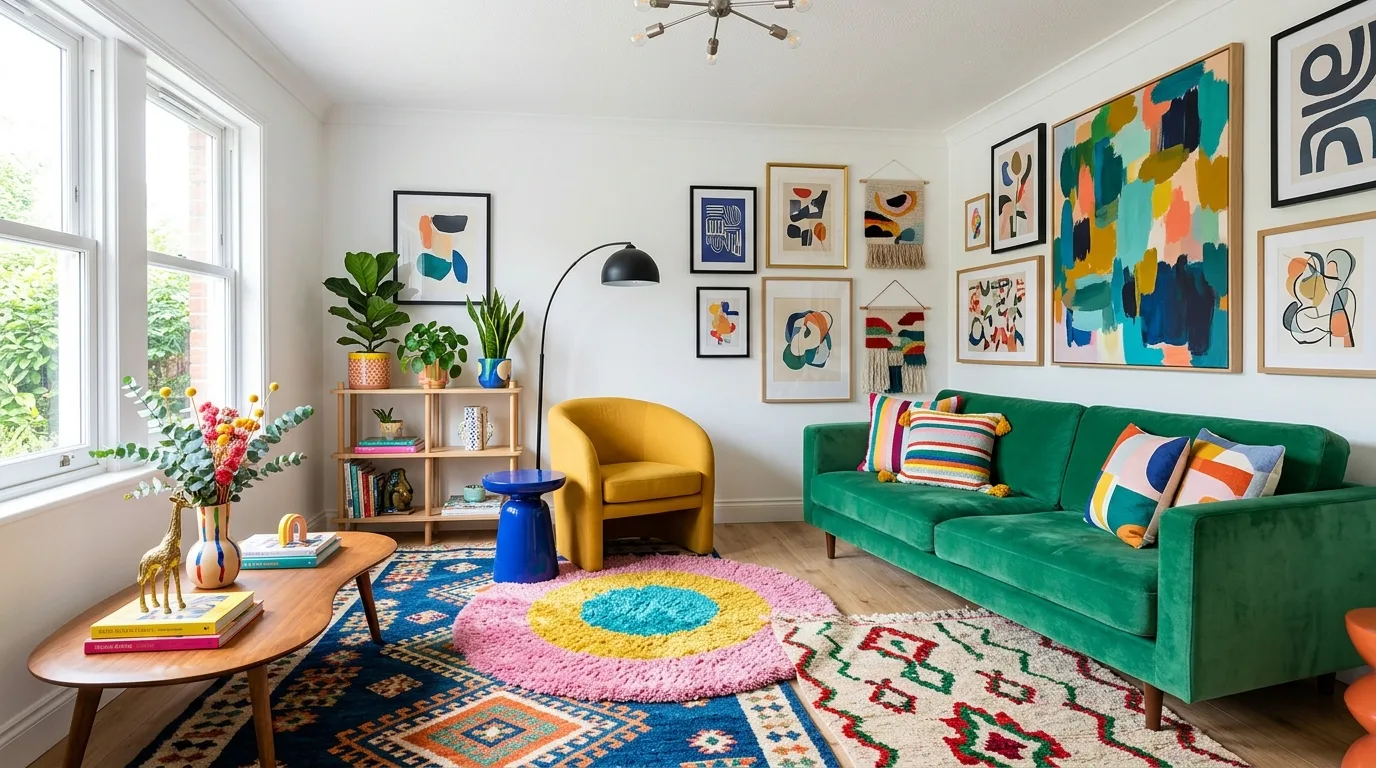 A joyful dopamine decor bedroom with pink orange and red layered patterns, no people