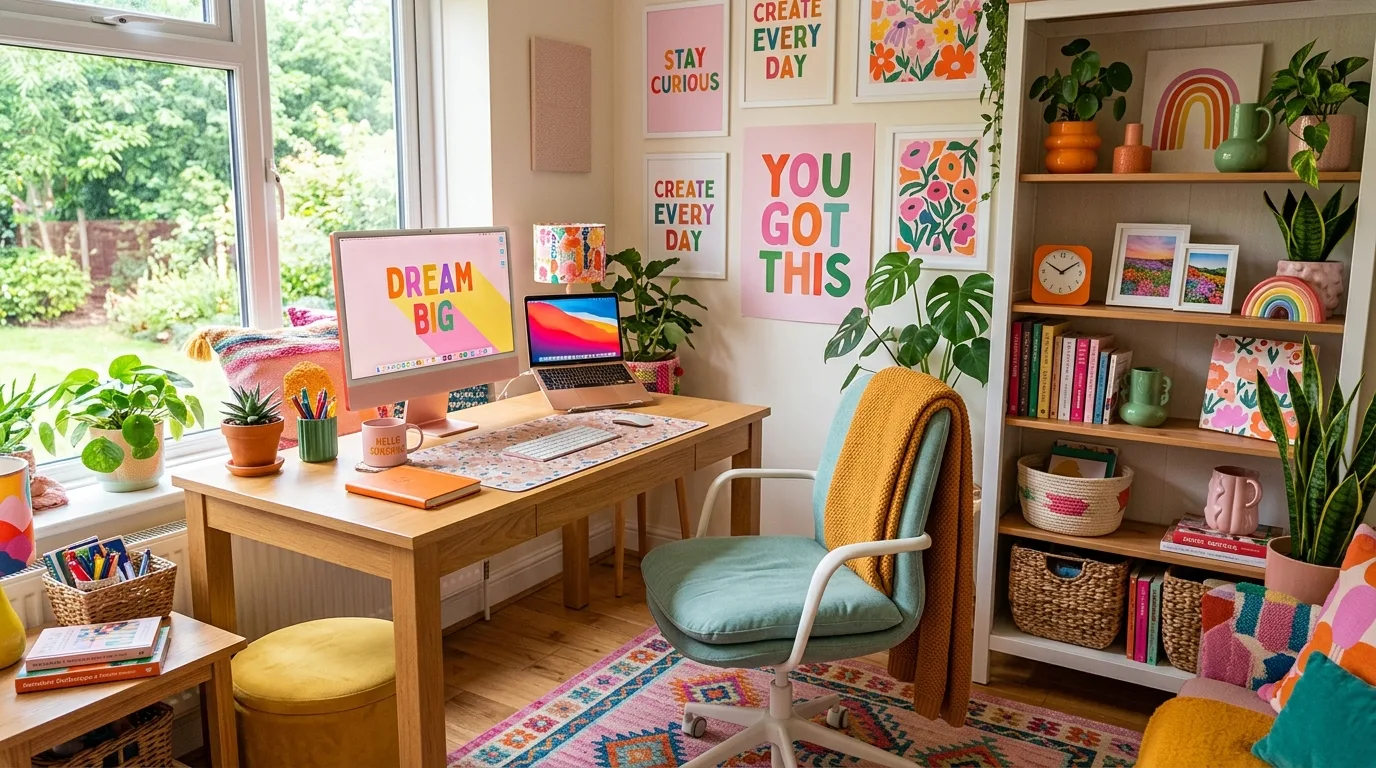 A dopamine decor entryway with punchy wallpaper and colorful hooks, no people