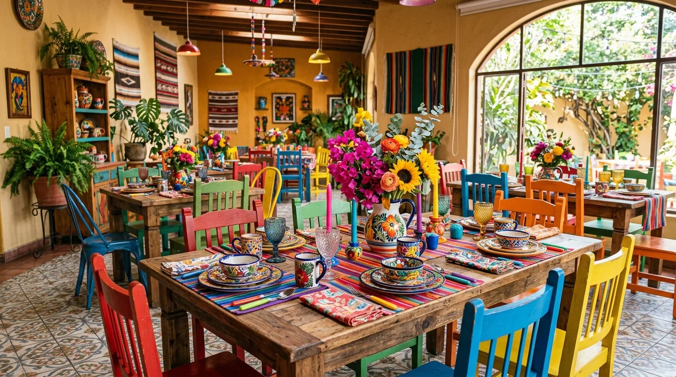 A dopamine decor dining room with multicolored chairs around a simple table, no people