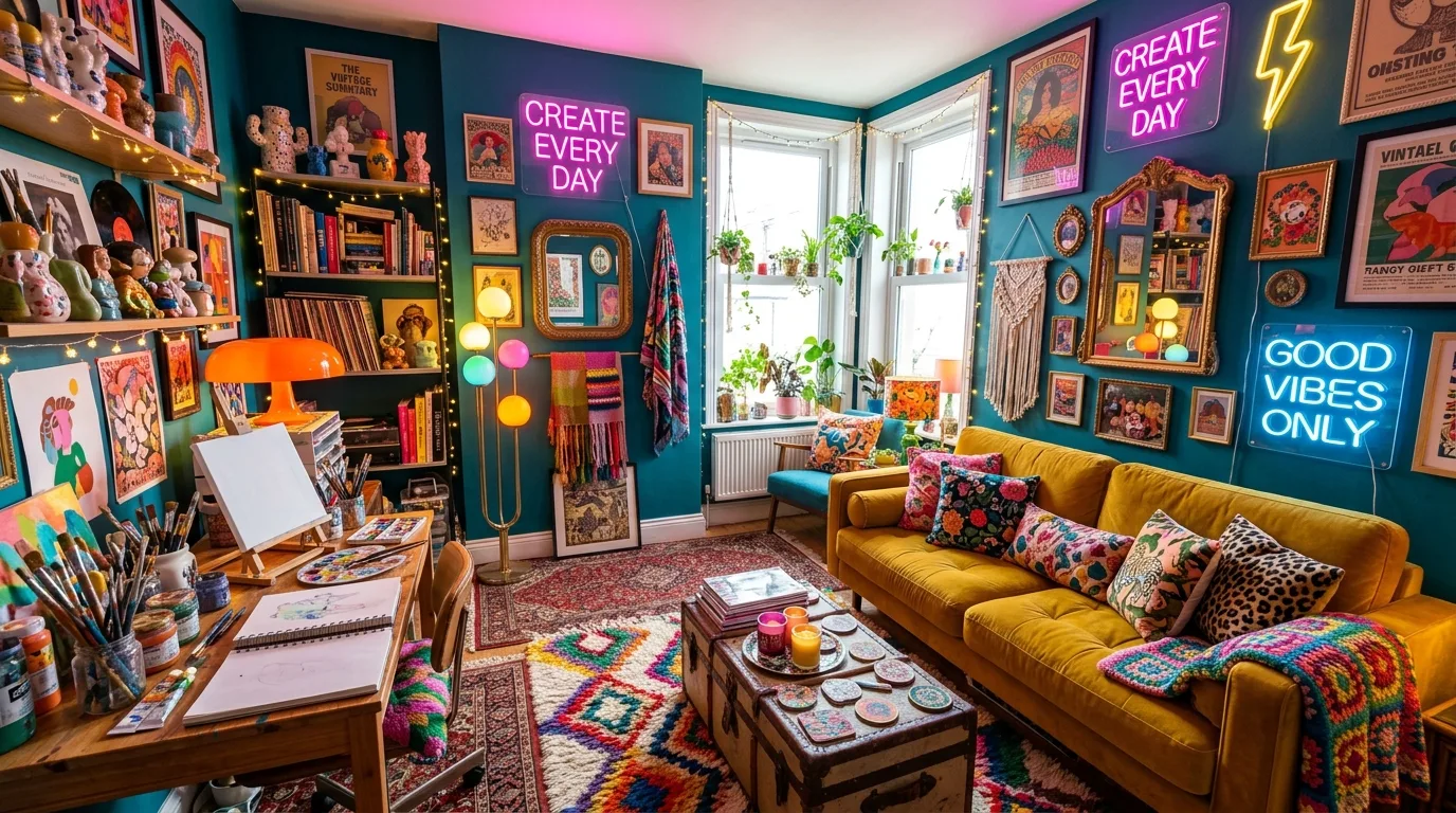 A dopamine decor home office with color blocked shelves and playful stationery, no people