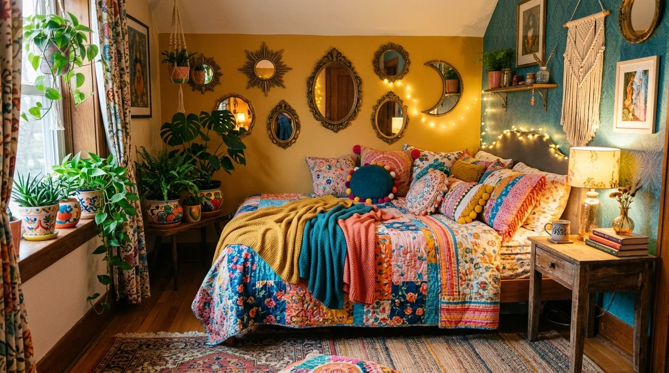 A dopamine decor breakfast nook with patterned cushions and painted furniture legs, no people