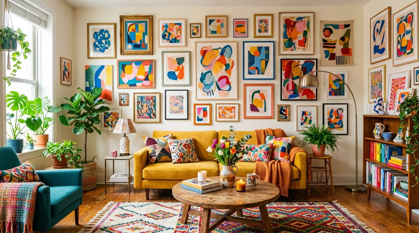 A layered dopamine decor living room with bright rugs and mismatched side tables, no people