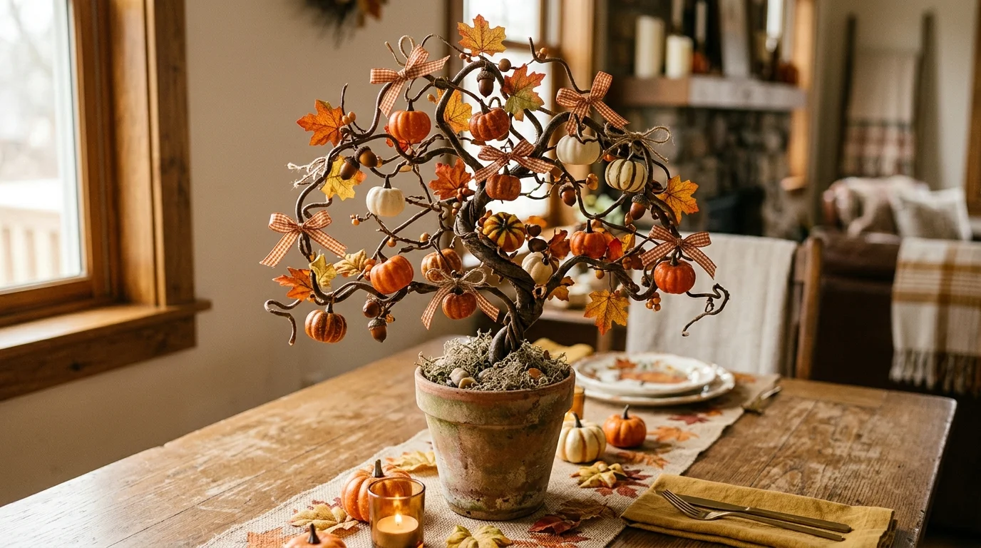 A whimsical tabletop Thanksgiving tree decorated with soft feathers, dried wheat stems, and tiny bronze ornaments, warm neutral tones, glowing ambient light, styled in a cozy autumn corner, no people