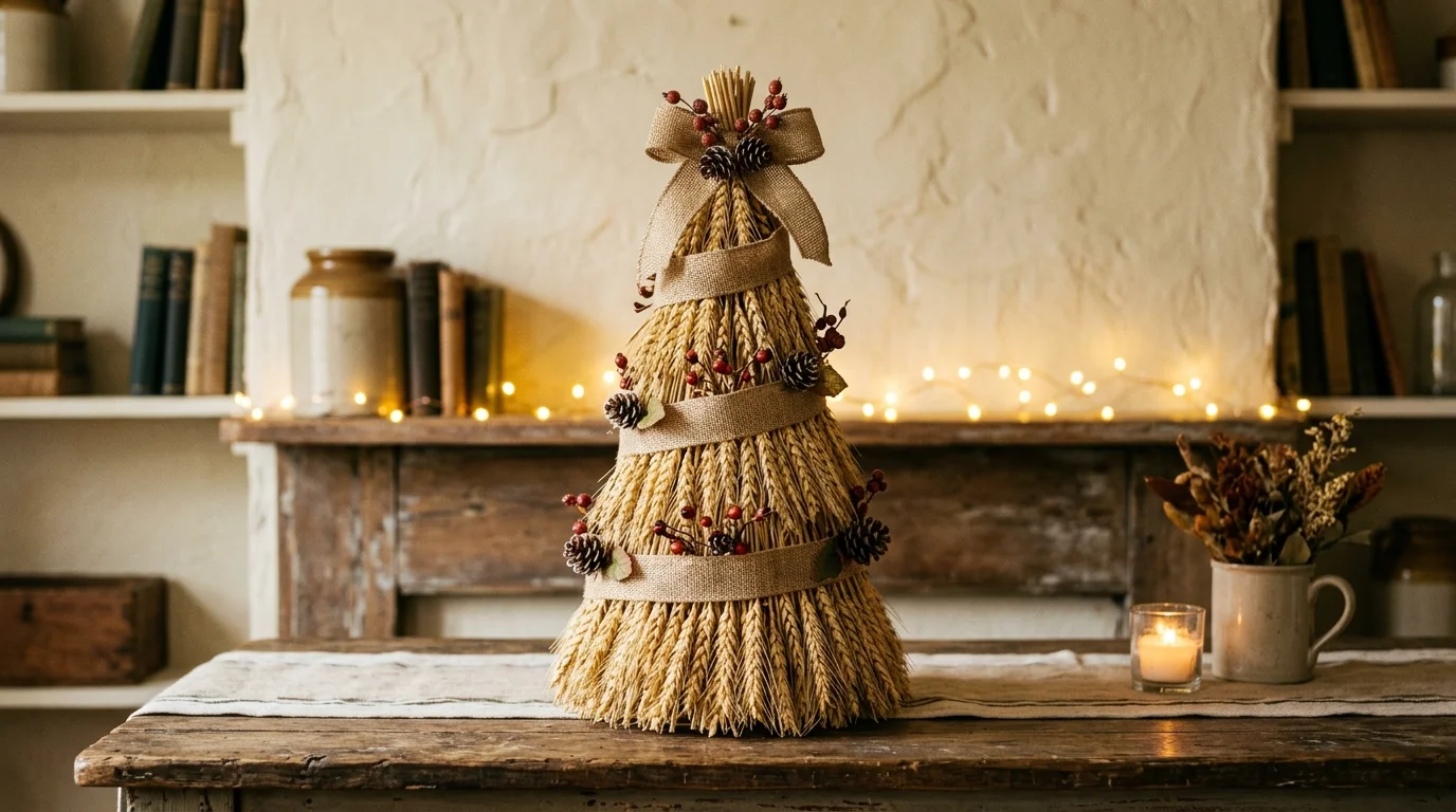 A compact Thanksgiving tree dressed with miniature pumpkin ornaments, layered burlap ribbon, and warm amber lights, set beside rustic fall decor, no people