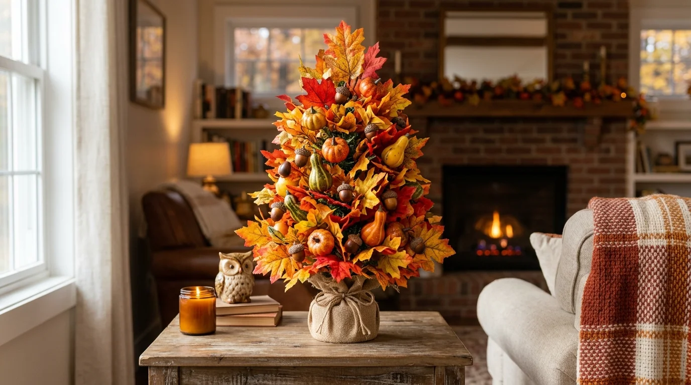 A festive Thanksgiving tree featuring copper ribbon, amber glass ornaments, and soft warm fairy lights, styled with elegant autumn textures, no people
