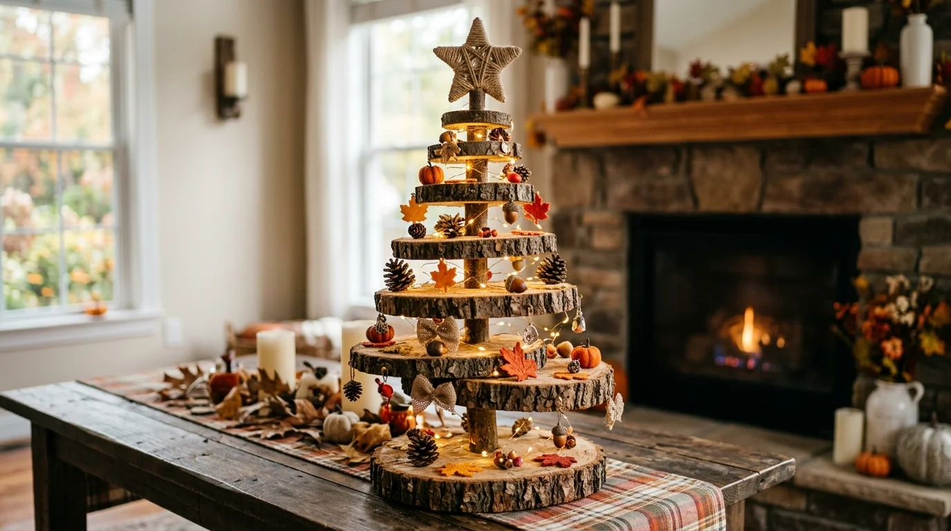 A whimsical autumn tree decorated with acorns, woodland owl ornaments, dried leaves, and natural twine, surrounded by cozy fall styling, no people
