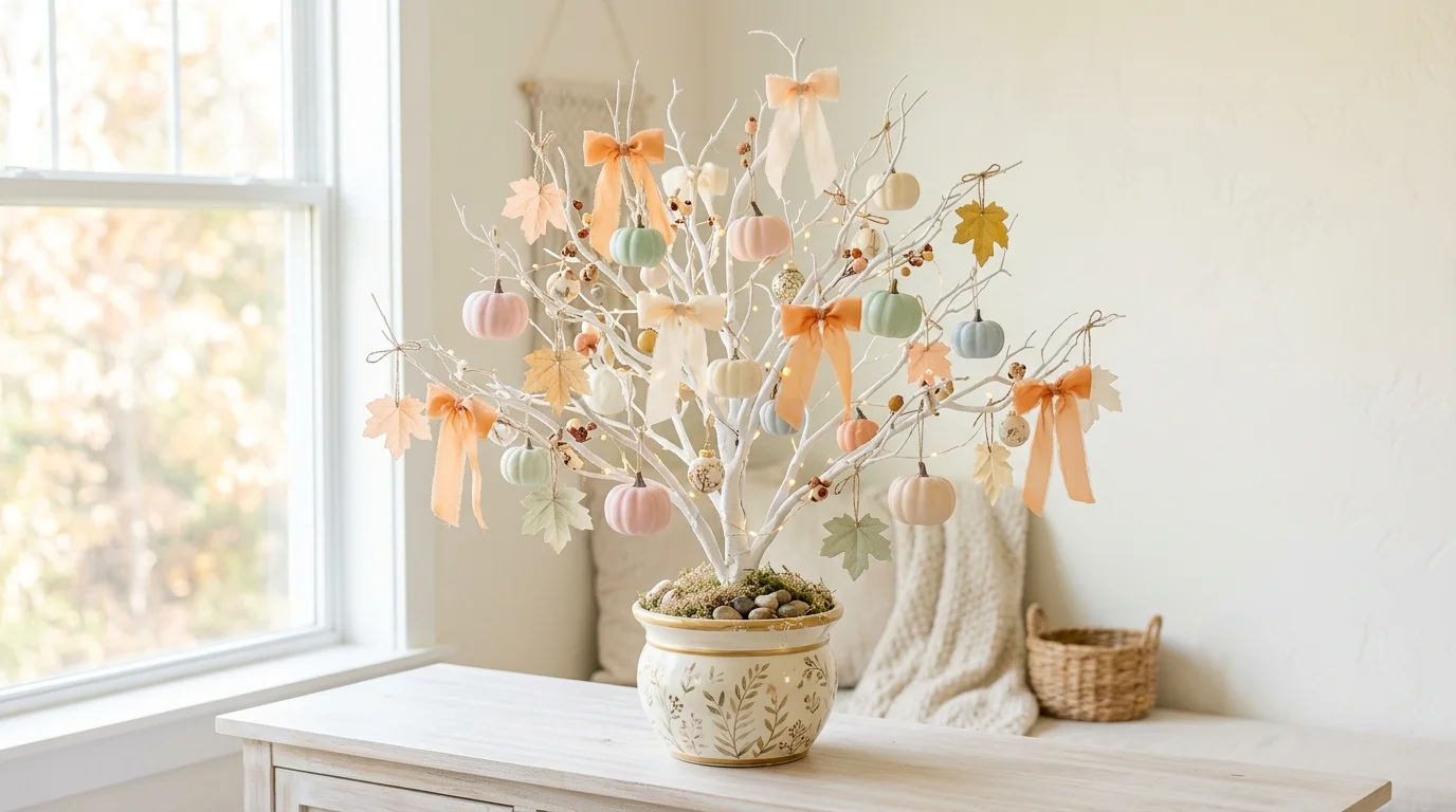 A neutral Thanksgiving tree styled with wheat bundles, cream ornaments, matte taupe ribbon, and understated warm lights, no people
