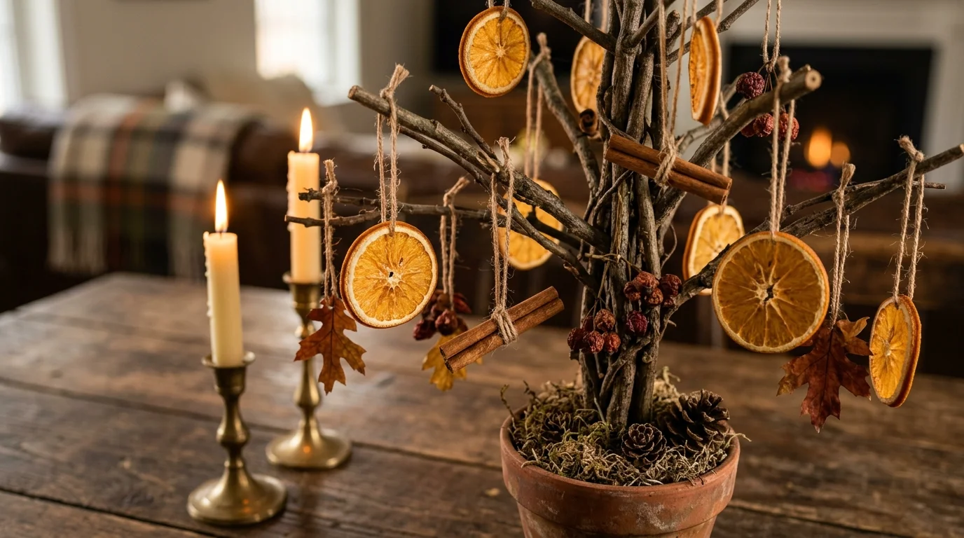 A bright Thanksgiving tree decorated with sunflower picks, deep orange baubles, and golden ribbon, glowing warmly in natural light, no people