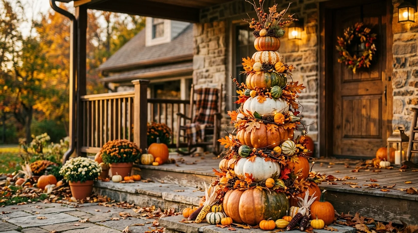 A farmhouse-style Thanksgiving tree wrapped in plaid ribbon and burlap garland, accented with pinecones and small harvest ornaments, no people