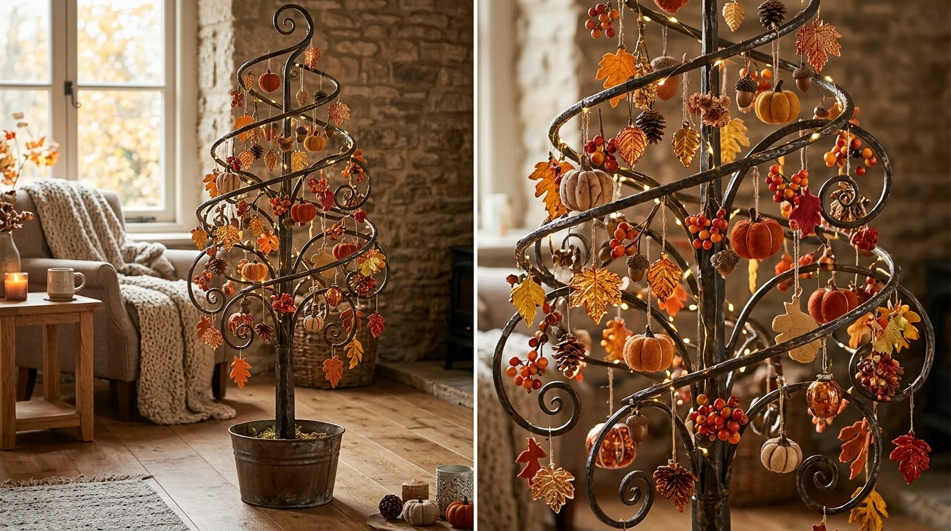 An elegant Thanksgiving tree styled with white pumpkin ornaments, pale foliage, soft beige ribbon, and warm white lights, no people