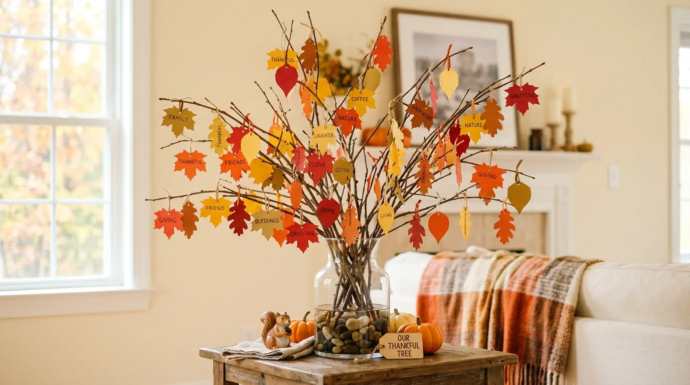 A Thanksgiving gratitude tree featuring handwritten tags, tiny wooden ornaments, ribbon loops, and warm autumn lighting, no people