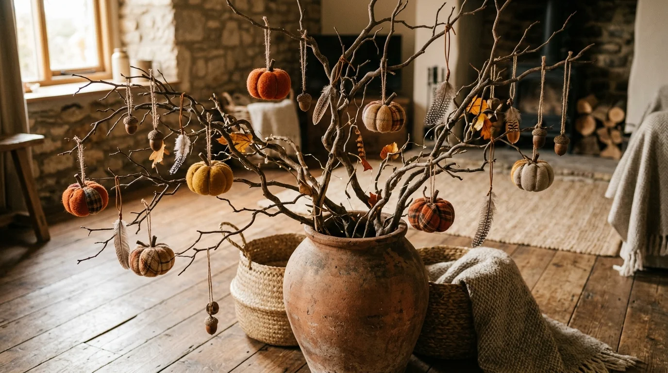 A small tabletop Thanksgiving tree decorated with amber ornaments, dried leaves, miniature gourds, and cozy warm lights, no people