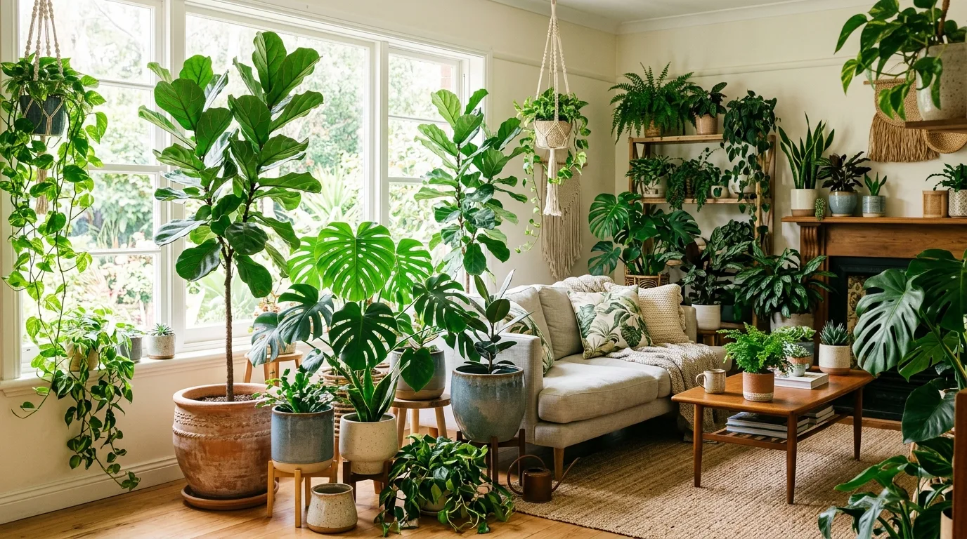 A lush indoor plant styling corner with varied leaf shapes and woven baskets, no people