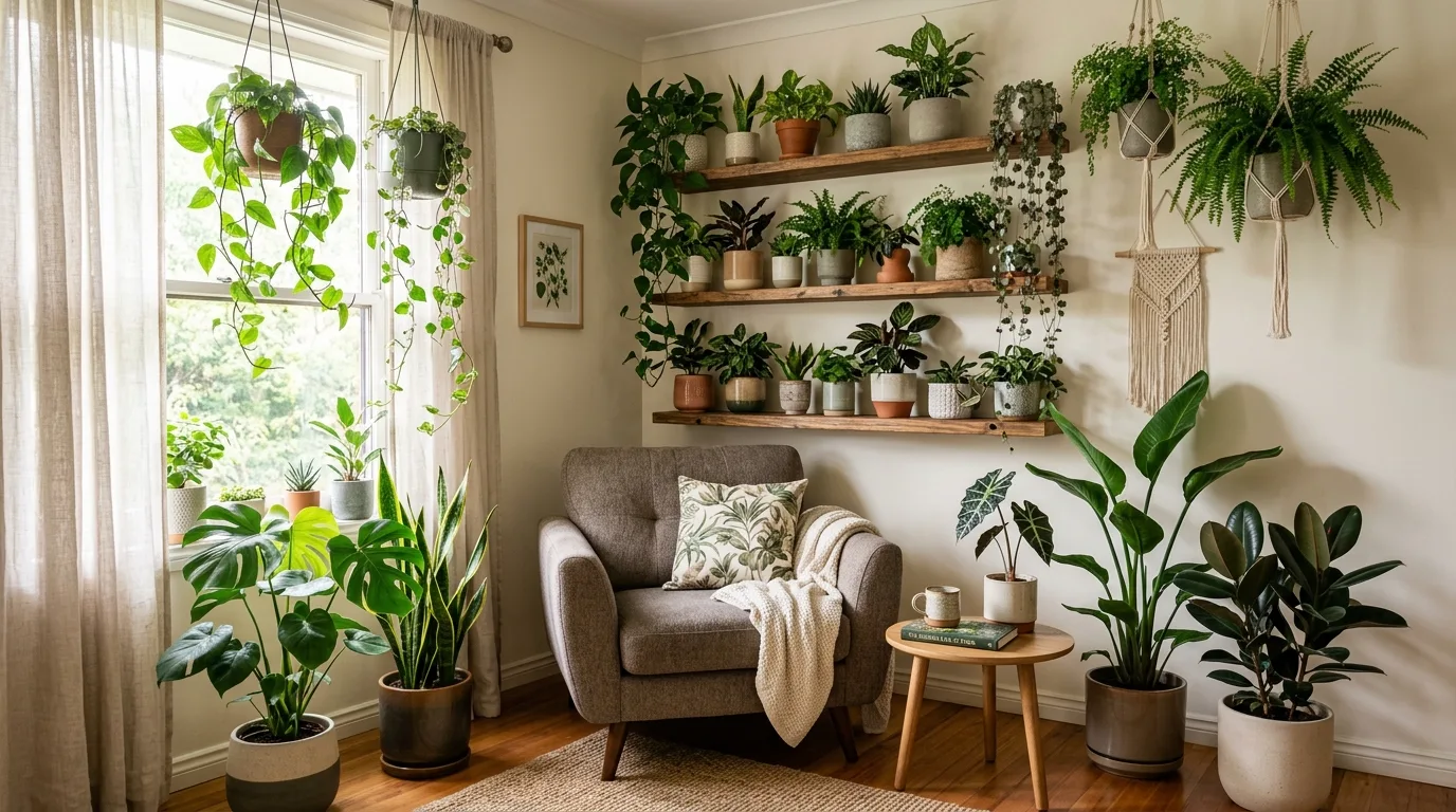 A sunny window ledge styled with indoor trailing vines and terracotta pots, no people