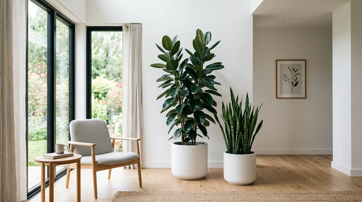 A fiddle leaf fig styled beside a linen sofa in a lush interior, no people