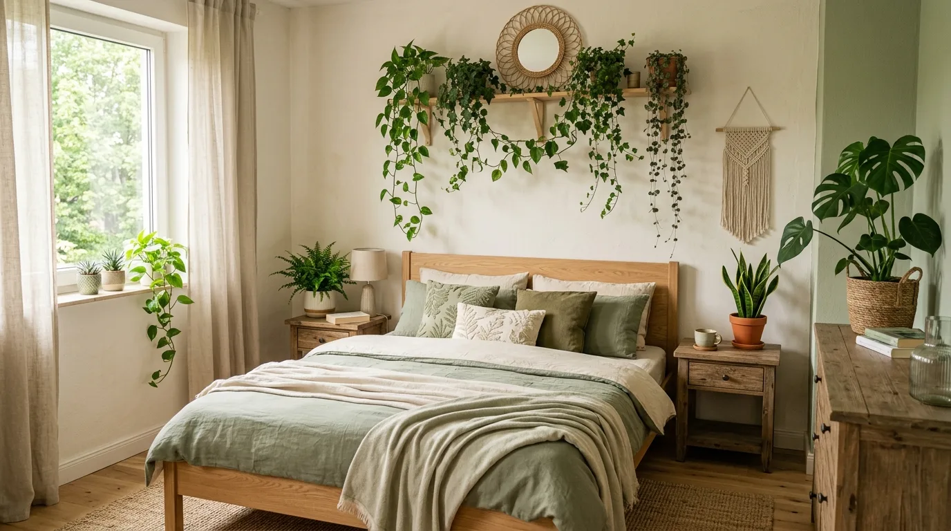 A bathroom shelf styled with indoor plants and pale stone accents, no people