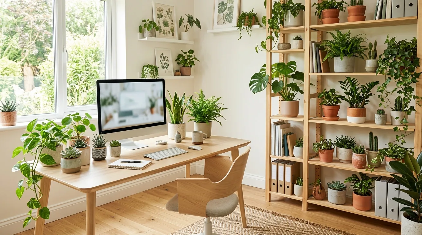A kitchen counter styled with herbs and one glossy indoor plant, no people