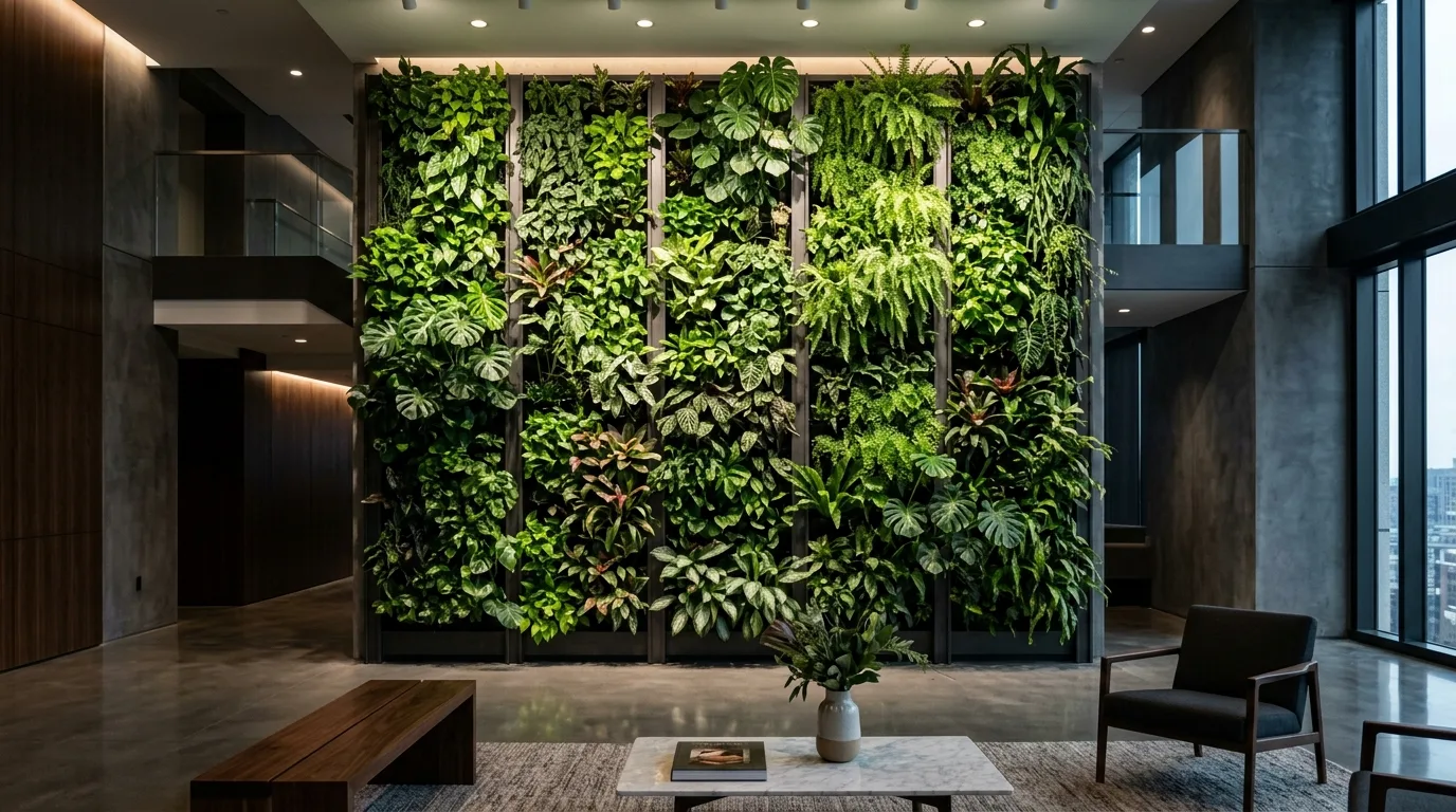 A console table styled with mixed ceramic planters and trailing greenery, no people