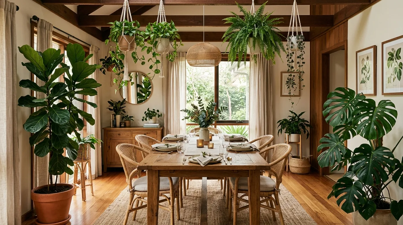 A bookshelf styled with compact indoor plants and quiet decor, no people
