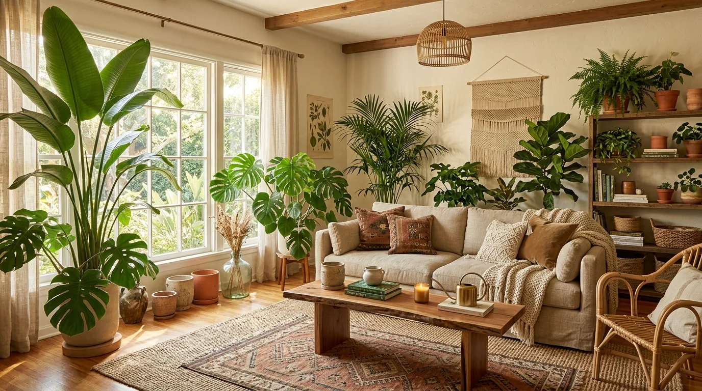 A home office styled with calming indoor plants around a warm wood desk, no people