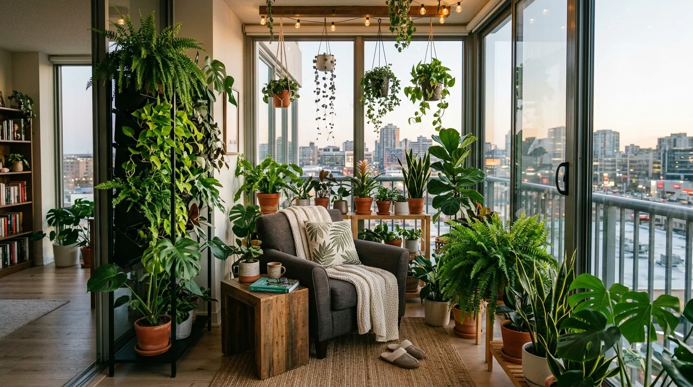 Open shelf indoor plant styling with repeated pots and balanced spacing, no people
