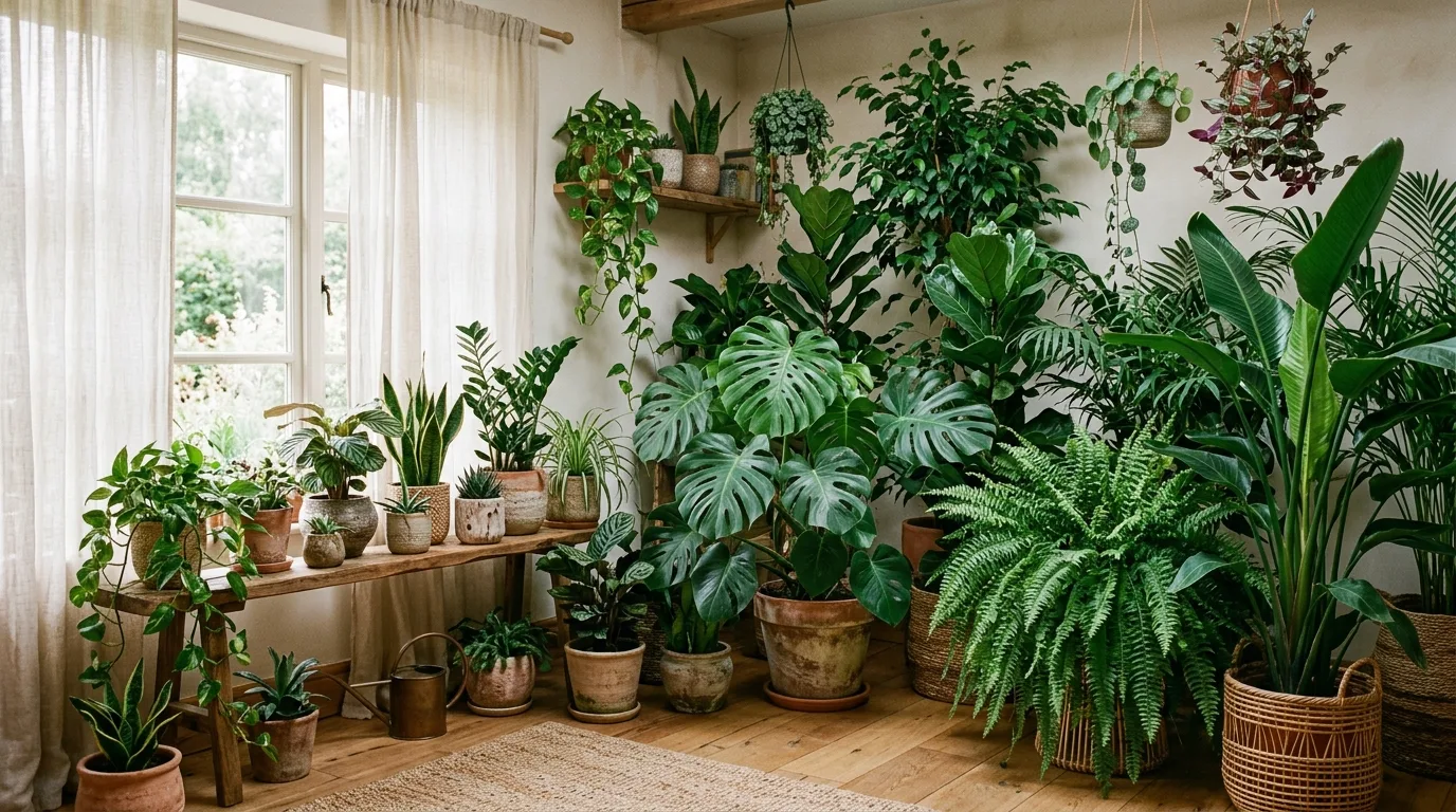 A lush indoor plant styled entry with hanging vines and tall floor planters, no people