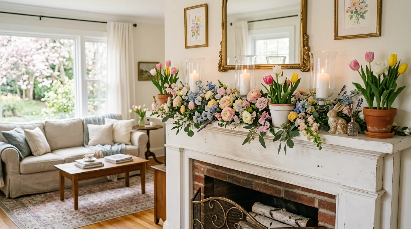 A fresh spring mantel with budding branches and soft green glass bottles, no people